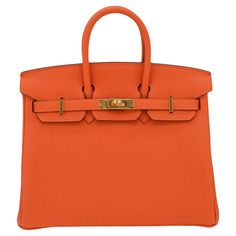 Brand: Hermès Style: Birkin Size: 25cm Color: Orange Material: Togo Leather Hardware: Gold (GHW) Dimensions: 10" W x 7.5" H x 4.75" D Handle Drop: 4" Hermes Style, Orange Material, Togo Leather, Leather Hardware, Branded Handbags, Orange Gold, Hermes Birkin, Fashion Handbags, Color Orange