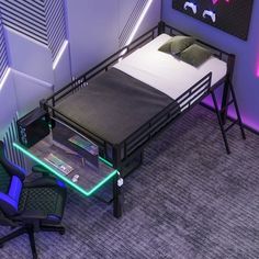 a bedroom with a bed, desk and chair in it's corner area that has neon lights on the walls