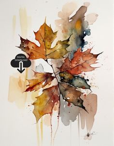 watercolor painting of autumn leaves on white paper with black and gray marker mark above the leaf