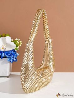 BirdinBag - Sequin-Embellished Gold Hobo Bag - Perfect for Party Events! Trendy Embellished Bag For Night Out, Chic Sequined Shoulder Bag For Party, Chic Handheld Party Bag, Trendy Handheld Shoulder Bag For Party, Trendy Embellished Evening Bags, Gold Handheld Bag For Party, Party Shoulder Bag With Sequins, Party Clutch Bag With Sequins, Sequin Shoulder Bag For Party