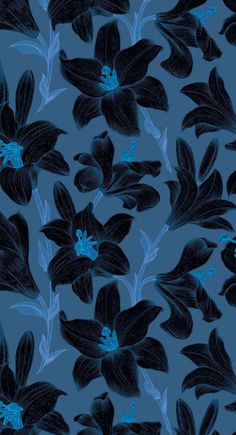 blue and black flowers on a dark background