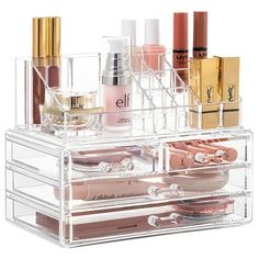 The HBlife Clear Acrylic Makeup Organizer is a versatile storage solution for cosmetics and skincare products. This set includes two pieces  a vanity makeup case with four storage drawers and a two-tier bedroom cosmetic display case. Made from high-quality clear acrylic, these organizers offer a sleek and transparent design, allowing easy visibility and access to your makeup and skincare items. The clear construction adds a modern touch to your vanity or bathroom counter. The vanity makeup case Clear Acrylic Makeup Organizer, Make Up Storage, Makeup Case Organization, Makeup Storage Organization, Jewelry Display Box, Cosmetic Display, Cosmetic Box, Skincare Organization, Makeup Tutorial For Beginners