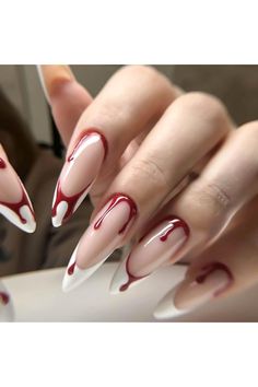 Long Stiletto Press on Nails Halloween Fake Nails Red White French Tip False Nails with Blood Drop Designs Glossy Artificial Nail Press ons Horror Holiday Stick on Nails for Women 24Pcs Knife Nails Design, Black And Red Nails With Cross, Alternative Valentine Nails, Red Ombre Halloween Nails, Long Almond Acrylic Nails Halloween, Cute Nails For Concerts, Halloween Movie Nail Designs, Spooky Halloween Nails Stiletto, Gel X Nail Designs Halloween