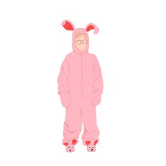 a person in a pink bunny costume standing on one leg and wearing red shoes with ears