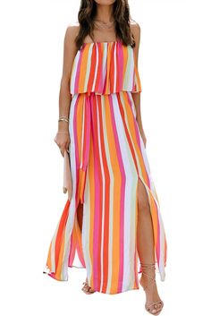 Stripe Overlay Strapless Maxi Dress with Slits Off-shoulder Midi Dress With Side Slits For Summer, Spring Strapless Dresses With Side Slits, Strapless Dresses With Side Slits For Spring, Beach Season Maxi Dress With Split, Multicolor Maxi Dress With Side Slits For Vacation, Summer Vacation Maxi Dress With Split Design, Spring Vacation Midi Dress With Split Hem, Chic Summer Midi Dress With Split Hem, Multicolor Maxi Dress With Side Slits For Beach