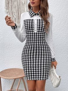 Black and White Elegant Collar Long Sleeve Knitted Fabric Houndstooth Bodycon Embellished Slight Stretch  Women Dresses Dress With Collar Outfits, White And Black Dress Outfit, Collar Dress Outfit, Stylish Work Attire Classy, White Elegant Outfit, Tied Dress, Dinner Dresses, Lantern Sleeve Sweater