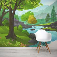 a room with a river and trees painted on the wall next to a white chair