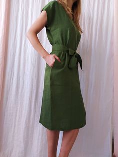 "Linen dress for women, it's elegant, minimalist, and is sure to compliment every occasion, from formal gatherings to outings with friends. Made from 100% European flax, length is ± 110 cm (43\") Before placing an order, check the approximate measurements given below. If you are unsure about your size or would like to adjust the length of the item, you could leave your personal measurements (height, bust, waist and hips) in a personalization box. SIZE and FIT Size XS Bust 85cm / Waist 66cm / Hip Elegant A-line Dress With Relaxed Fit, Elegant A-line Linen Dress With Pockets, Summer Plain Cotton Dress, Cotton Non-stretch Solid Color Midi Dress, Plain Cotton Summer Dress, Non-stretch Solid Color Dress For Daywear, Green Summer Dress With Straight Neckline, Casual Green Dress With Straight Neckline, Plain Cotton Midi Dress For Spring