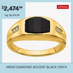 Ring Style: Mens Fashion RingsDiamond Clarity: I2Setting: BezelDiamond Color: I-JMetal Color: YellowRing Gallery Height: 5.4mmRing Top Length: 10mmRing Top Width: 8mmRounded Carat Weight: Less Than 1/10 Ct.t.wMetal: 14k GoldBand Width: 2.5mmCare: Wipe CleanStone Type: 4 Genuine Diamond, 1 Genuine OnyxCountry of Origin: Imported Mens Fashion Rings, Rings Mens, Mens Rings Fashion, 2 Rings, Gold Rings Fashion, Ring Style, Fashion Ring, Type 4, Gold Fashion