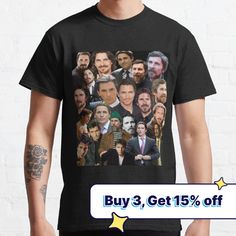 a man wearing a t - shirt with the faces of many actors on it's chest