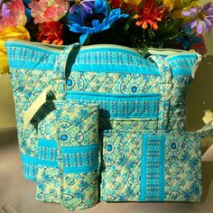 Lemon Hill Quilted Tote Bag Purse, Wallet & Cosmetic Bag Blue Green Turquoise Floral Print This Beautiful Matching Set Is Perfect For A Day Out Or A Beach Trip ****Please Keep In Mind Product Color May Slightly Vary Due To Photographic Lighting Sources Or Your Monitor Settings***** We Encourage Thoroughly Checking The Listing, Descriptions, And Shipping Time. If You Have Any Questions, Please Message Me Directly. After I Drop The Package Off To The Carriers It's Out Of My Hands Any Delay That Ca Rose Handbag, Blue Green Turquoise, Pink Shoulder Bag, Quilted Tote Bags, Quilted Totes, Coach Shoulder Bag, Tote Bag Purse, Floral Color, Leather Hobo Bag