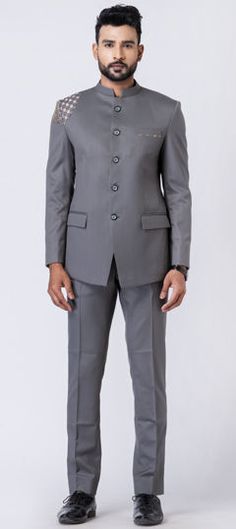 Black and Grey color Jodhpuri Suit in Polyester Silk fabric with Patch work Luxury Fitted Classic Nehru Jacket, Luxury Fitted Black Nehru Jacket, Classic Black Luxury Nehru Jacket, Luxury Black Classic Nehru Jacket, Jodhpuri Suit, Reception Lehenga, Engagement Reception, Patch Work, Blue Suit