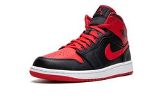 The Air Jordan 1 Mid “Alternate Bred” is a modified version of the classic, original Jordan 1 colorway that debuted in 1985.  As its name suggests, the “Alternate Bred” switches up the look of the Air Jordan 1’s “Bred” makeup by changing its black-and-red color block ever so slightly.  The “Alternate Bred” features a Fire Red leather perforated toe, while the rest of the base is designed in black leather.  A Fire Red leather Swoosh appears on both sides of the shoe.  A red leather overlay is fou Red And Black Jordans, Air Jordan 1 Red And Black, Jordan 1 Red, Air Jordan Mid, Sneaker Displays, Air Jordan 1 Mid Gs, Jordan 1 Black, Sneakers Jordan, Red Jordans