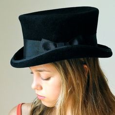 Top Hat Black Top Hat Victorian Riding Hat Men by KatarinaHats Adjustable Brimmed Felt Hat For Costume Party, Adjustable Brimmed Felt Costume Hat, Adjustable Brimmed Felt Hat For Costume, Retro Adjustable Felt Hat For Formal Occasions, Adjustable Retro Felt Hat For Formal Occasions, Retro Fitted Brimmed Felt Hat, Retro Top Hat With Curved Brim For Winter, Victorian Adjustable Top Hat With High Crown, High Crown Fitted Hat For Costume