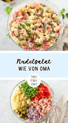 two bowls with different types of pasta and vegetables in them, one is labeled nuebsext