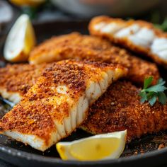 fish fillets on a black plate with lemon wedges and parmesan cheese