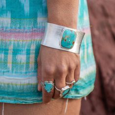 One of a Kind Genuine and Unique Arizona Turquoise Cuff Bangle set in Brushed 92.5% Sterling Silver.   Dimensions of stone -  32mm x 25mm   Width of bangle - 37mm    Turquoise is perhaps the oldest stone in man's history, the talisman of kings, shamans, and warriors. It is a stone of protection, strong and opaque, yet soothing to the touch, healing to the eye, as if carved from an azure heaven and slipped to earth.  -------------------------------------------------------------------------- Arizona Turquoise, Turquoise Cuff, Old Stone, Bangle Set, Cuff Bangles, Sterling Silber, Favorite Jewelry, Arizona, Jewelry Bracelets