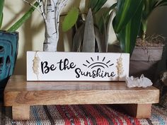 a wooden sign that says be the sunshine on it next to some potted plants