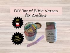 jar of bible verses for emelions with labels and stickers on wooden background