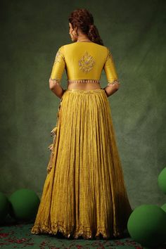 Yellow blouse with zardozi, sequin, pearl embroidery in floral pattern. Paired with crushed lehenga and scallop border embroidered dupatta. - Aza Fashions Fitted Embellished Dola Silk Traditional Wear, Raw Silk Resham Embroidered Sets For Reception, Raw Silk Sets With Intricate Embroidery For Reception, Reception Raw Silk Set With Intricate Embroidery, Embellished Raw Silk Sharara For Reception, Intricate Embroidery Raw Silk Set For Reception, Transitional Embellished Designer Sets, Silk Sets With Zari Work For Reception, Traditional Embellished Pre-draped Saree In Raw Silk