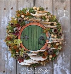 an image of a green door surrounded by leaves and flowers on a wooden background with text overlay