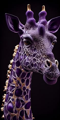 a purple giraffe statue with gold accents on it's head and neck