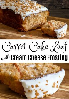 carrot cake loaf with cream cheese frosting is on a cutting board and has one slice cut out