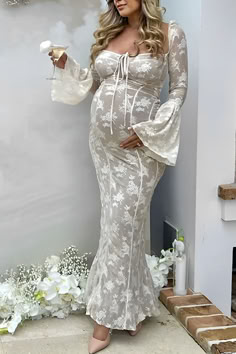 Occasion: Photoshoot, baby shower, party, going out, vacation, cocktail, holiday
Style: Elegant
Color: White
Season: Spring, autumn, summer
Decoration: Corset, lace, sheer, drawstring
Material: Lace
Pattern: Solid color
Neckline: Square neck/boat neck
Sleeve length : Long sleeve
Sleeve type : Flare sleeve Tulle Baby Shower, Elegant Cocktail Party, Maternity Sundress, White Lace Corset, White Lace Bodycon, Shower Outfits, Maternity Midi Dress, Maternity Dresses For Photoshoot