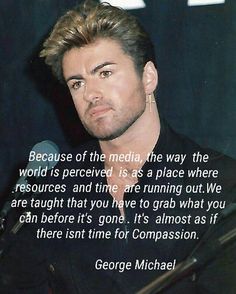 a man holding a microphone in front of a quote from george michael on the topic of media