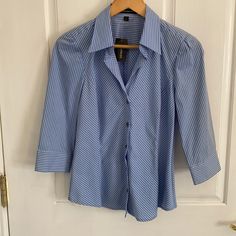 Nwt. Light Blue & White Dress Shirt With Grey Buttons. 77% Cotton, 20% Nylon & 3% Lycra. Machine Washable. Blue Office Shirt For Summer, Blue Shirt For Office Wear In Summer, Blue Office Wear Shirt For Summer, Blue Fitted Blouse For Business Casual, Blue Shirt For Business Casual In Spring, Blue Tops For Office Wear In Spring, Blue White Dress, White Dress Shirt, Blue And White Dress