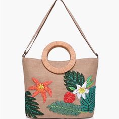 New With Tags. Multi-Purpose Tote Raffia Embroidered Flowers In Front Round Wicker Handle Long Detachable Crossbody Strap Made In Jute Magnetic Button Closure Lined Interiors Zip Pocket And Pocket Organizers Inside Size : 15" X 11" X 4.5" Casual Embroidered Straw Tote Bag, Embroidered Beige Shoulder Bag For Vacation, Summer Embroidered Shopping Bags, Embroidered Straw Bag For Summer, Summer Embroidered Shoulder Bag For Shopping, Embroidered Shoulder Bag For Summer Shopping, Spring Vacation Embroidered Bag, Spring Vacation Embroidered Bags, Embroidered Straw Bag For Beach In Spring