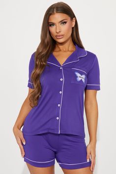 Available In Purple And Light Blue. 2 Piece PJ Set Short Sleeve Collared Shirt Button Front Chest Pocket Matching Shorts Elastic Waistband Stretch Final Sale 95% Polyester 5% Spandex Imported | Late Nights PJ Short Set in Purple size Small by Fashion Nova Short Sleeve Collared Shirt, Pajama Short Set, Pajama Short, Night Pajama, Pj Shorts, Short Pj Set, Short Pajama Set, Collared Shirt, Purple Fashion