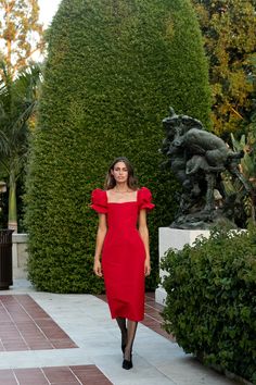 Rose Midi Dress in Red | Over The Moon Rose Midi Dress, Cocktail Attire For Women, Feminine Clothing, Moon Dress, Duchess Satin, Cocktail Attire, Holiday Party Dresses, Romantic Look, Evening Cocktail