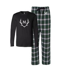 "1 Deer Horn Antler Pajama Set Cozy up by a fire in these comfy cozy flannel pajamas. This is a set of 1 tops and 1 flannel bottoms with deer horn antlers with your initial printed in the middle. Perfect for Christmas morning or any other cold winter day. Comes with a black long sleeve tee and hunter green plaid flannel pajama pants. See our color chart for other colors in alternative views. List in the notes if you would like a different color for the top and bottom. Make sure to include the le Adult Christmas Pajamas, Personalized Christmas Pajamas, Plaid Pjs, Black Long Sleeve Tee, Matching Family Christmas Pajamas, Christmas Flannel, Black Flannel, Flannel Pajama Pants, Flannel Pajama Sets