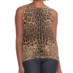 Women's sleeveless tank with vivid edge-to-edge sublimation print on front. Spliced materials for comfort. Front panel made from silky chiffon and solid color black or white jersey back. Sizes available XS- 2XL. Realistic Leopard Skin Print Pattern Black Printed Sleeveless Tank Top, Black Sleeveless Printed Top, Chic Sleeveless Printed Top, Stretch Black Printed Tank Top, Leopard Skin, White Jersey, Print Pattern, Sleeveless Tank, Sublimation Printing