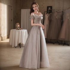 Olivia Mark - Elegant Grey Formal Evening Gown with Shoulder Ruffles Elegant Evening Dress, Formal Evening Gown, Blue Bodycon Dress, Princess Skirt, Elegant Blouses, Evening Dresses Elegant, Floral Print Maxi Dress, Evening Gowns Formal, Wedding Dress Styles