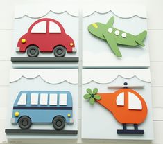 four pieces of cut out paper with vehicles on them