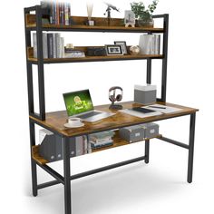 [Multi-functional desk] : This desk can create extra storage space for you, with it, you not only have a computer desk, but also have a small bookshelf. Student Table, Bookshelf Home, Black Home Office, Brown Desk, Dream Desk, Desk With Hutch, Computer Desk With Hutch, Space Saving Design, Industrial Desk