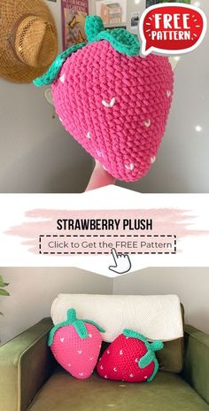 a crocheted strawberry hat with two strawberries on it and the text, free pattern