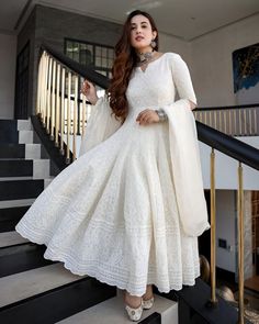 #ad Top Rated Handmade Chikankari Pure Cotton Indian Festive Kurti with Dupatta Set for Women, Fashion Dress White Anarkali Suits, Beige Suit, White Anarkali, Gown With Dupatta, Cotton Anarkali, Classic Wear, Anarkali Dress Pattern, Cotton Gowns, Gaun Fashion