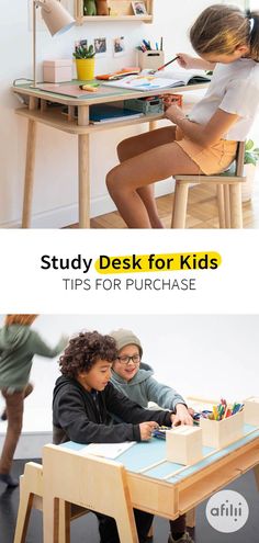 two children sitting at a desk with the title study desk for kids tips for purchase