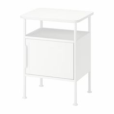 a white side table with two drawers on one end and an open drawer on the other