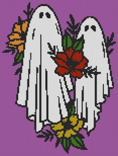 a cross stitch pattern with two white ghost and flowers on purple background, in the style of pixelism