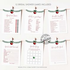 six christmas bridal shower games are hanging from clothes pins with green ribbon on them