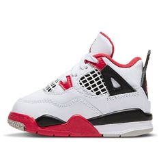 Best gifts for newborns/babies! Introducing the Air Jordan 4 Retro OG TD, a sneaker made just for toddlers. This limited edition sneaker is a replica of the original Air Jordan 4, which debuted in 1989. The sneaker is white with red accents, and features quarter panel netting, a red Jumpman icon on the tongue, and Nike branding on the extended heel tab. The foam midsole provides comfort and support for little feet, and the sneaker is sure to make a statement whether your toddler is running around the playground or just cruising around in style. Jordan 4 Outfits, Red And White Jordans, Dog Fashion Clothes, Original Air Jordans, Baby Jordans, Red Jordans, Nike Branding, Toddler Wearing, White Jordans