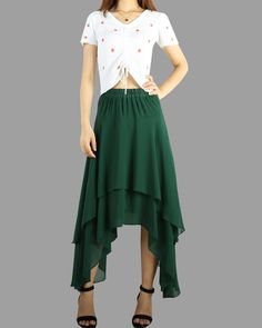 * A beautiful chiffon skirt, have 3 layers, two layers chiffon and one layer lining, not sheer at all. * Quality pearl chiffon fabric, soft, breathing and easy care. * Asymmetrical hem, it moves very beautifully when you walk. * Support 7 days return to get full refund on item without any reason. * Can custom size and colors, lead time is 6-8 days; * Let us know your usual size in your country and your overall height. * If you have some specific request or special characters such as broad should Fitted Long Skirt With Layered Hem, Casual Layered Hem Skirt, Flowy Asymmetrical Skirt For Summer, Fitted Maxi Skirt With Layered Hem, Flowy Skirt With Layered Hem, Layered Summer Skirt Bottoms, Layered Flowy Skirt For Spring, Summer Long Skirt With Layered Hem, Elegant Maxi Skirt With Layered Hem