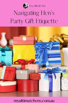 many presents are stacked on top of each other with the words navigating lion's party gift etiquette