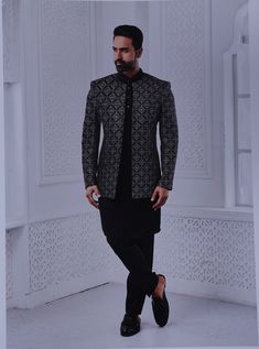 Item details: Handmade item Materials Raw Silk lakhnavi chikankari sherwani for men  Slight Variation in Color Possible due to Lighting Effect/Monitor Resolution and Photography .Exclusive Printed Designer Sherwani. Style : Ethnic Men's wear Top Details : Color Black chikankari sherwani   Fabric - lakhnavi chikankari with sequence work  Black cotton color Free Size  Pajama Included in the package.  Additional Information 1Mojris, Stoles, Turban And Other Accessories Are Not Sold Along  With The Traditional Zari Work Sets For Semi-formal Occasions, Festive Formal Lawn Suit With Long Sleeves, Traditional Sherwani For Winter Party, Formal Lawn Suit With Traditional Drape For Festive Season, Designer Groom Sets With Resham Embroidery, Traditional Winter Sherwani For Party, Festive Fitted Salwar Kameez For Semi-formal Occasions, Traditional Long Sleeve Sets For Groom, Elegant Long Sleeve Salwar Kameez For Semi-formal Occasions