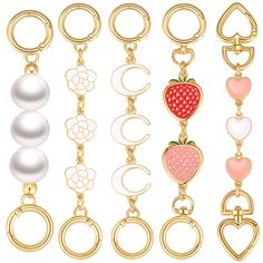 PRICES MAY VARY. Package: You will receive 5 different styles purse extender strap which is a very cute heart shape Strawberry Pearls Moon Flower design charms, can decorate different style bag. Material: The bag extender chain strap is made of metal material and fine craftsmanship, durable and sturdy for a long time. The Strawberry Flower heart part is well made by dripping oil process, making your daily outlook more exquisite. Design: Fashionable and has classical styles design, new trendy des Strawberry Flower, How To Make Purses, Purse Jewelry, Female Friends, Moon Flower, Purse Strap, Wallet Chain, Chain Bags, Flower Heart