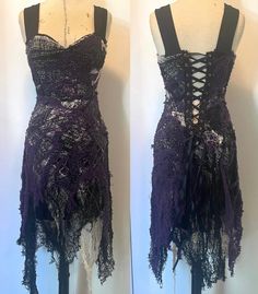 Ready to Ship! Will Fit - Bust - 32' - 34' Waist - 23' - 25' Hips - 34' - 38' Length - 32' - 47' Length of Rayon (under dress) - 30' All hand cut and hand stitched together The Webbing - Black Webbing - White Webbing - Purple Webbing Made with creepy cloth which is made of cotton All hand cut and hand stitched to create a webb like affect The under dress is made of black rayon and is soft and stretchy On the back is handmade corset with silver eyelets and black ribbon Dress has rough edges and s Sleeveless Halloween Dress, Fitted Gothic Dress For Halloween, Fitted Halloween Dress For Alternative Fashion, Witchy Dress For Halloween, Fitted Dress For Halloween In Alternative Fashion Style, Fitted Purple Dress With Corset Back, Halloween Lace Fitted Corset Dress, Witchy Fitted Dress For Cosplay, Witchy Dress For Fall Alternative Fashion